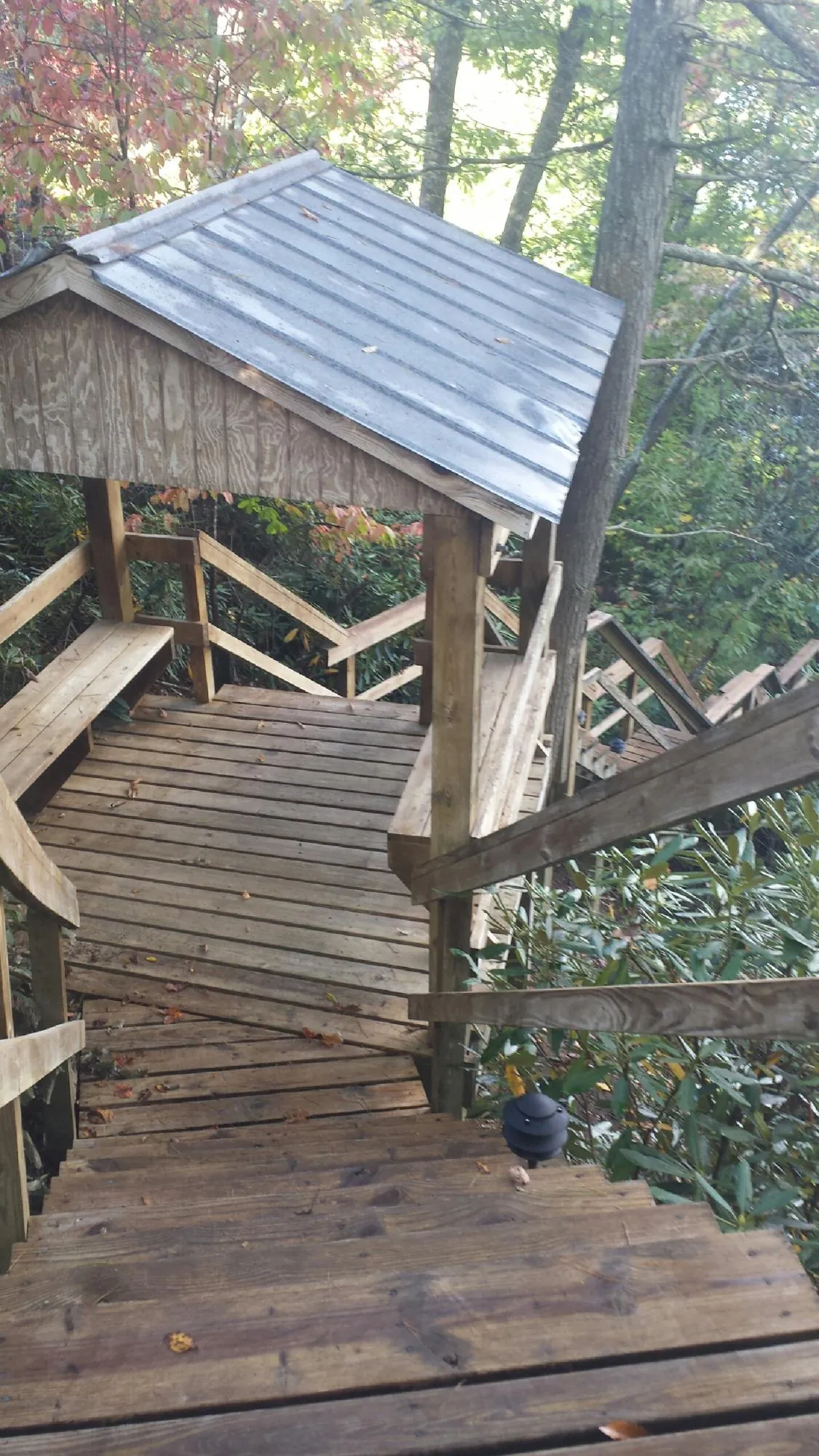 Metal roofed shelter over wooden steps on a wooded walkway — Skylight Repair & Installation work by our crew in Ranchos De Taos